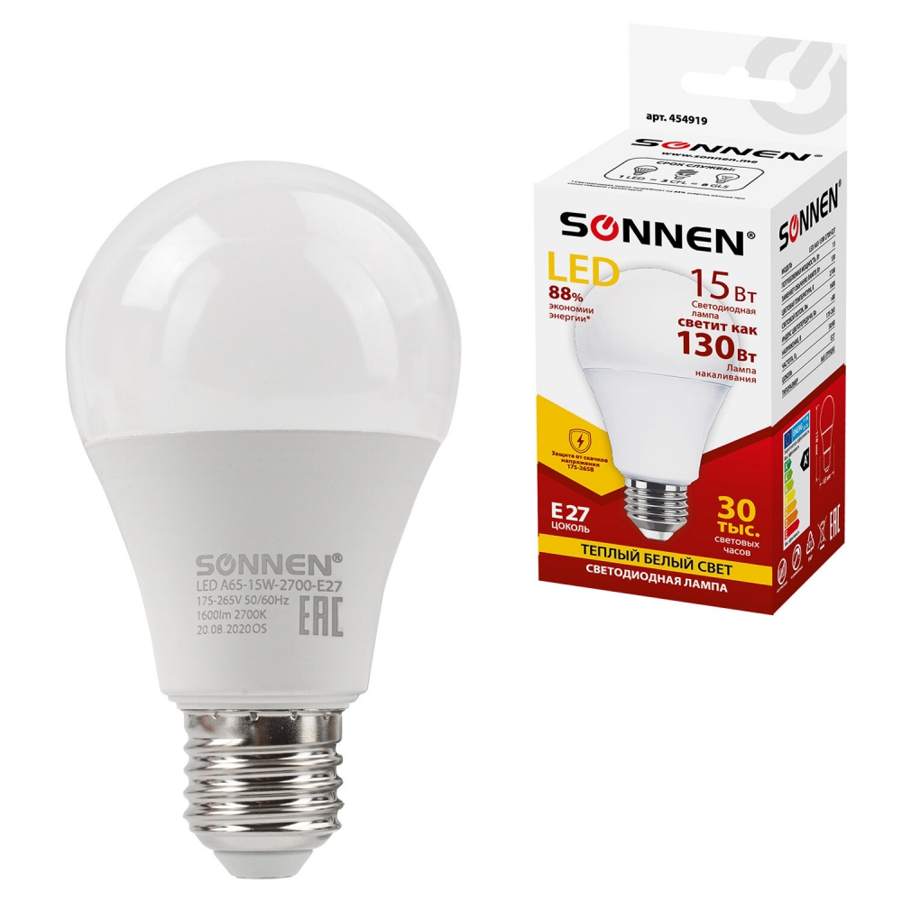 Лампа светодиодная SONNEN 15 130 Вт цоколь Е27 груша теплый белый 30000 ч LED A65- 488₽