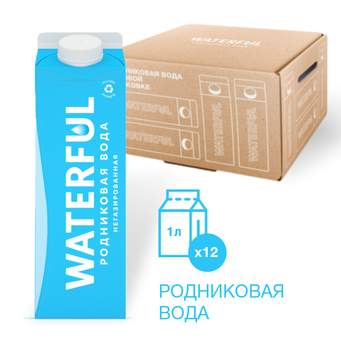 WATERFUL / Вода природная питьевая родниковая негазированная 1 литр.12 штук/упак.