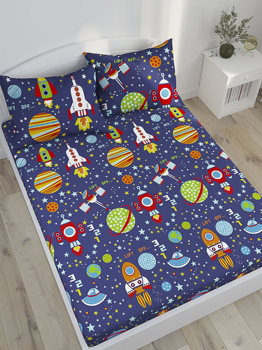 фото Простынь на резинке сказка "космос" 180х200 см