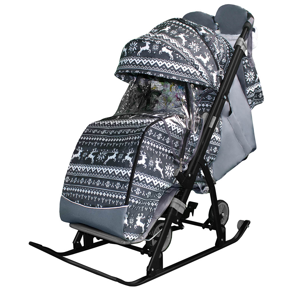 

Санки-коляска SNOW Galaxy Kids-3-1 Олени на сером на больших колесах, сумка, варежки