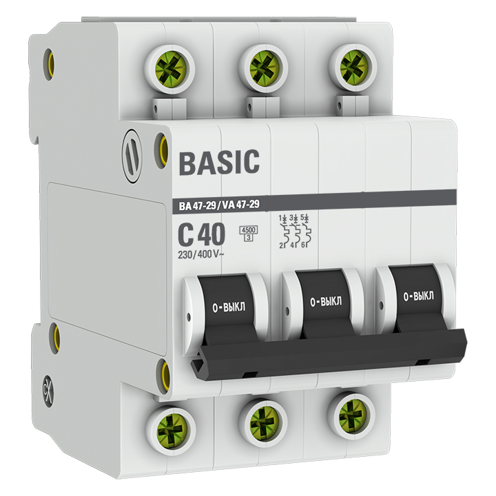 фото Автоматический выключатель 3p 40а (c) 4,5ка ва 47-29 ekf basic mcb4729-3-40c