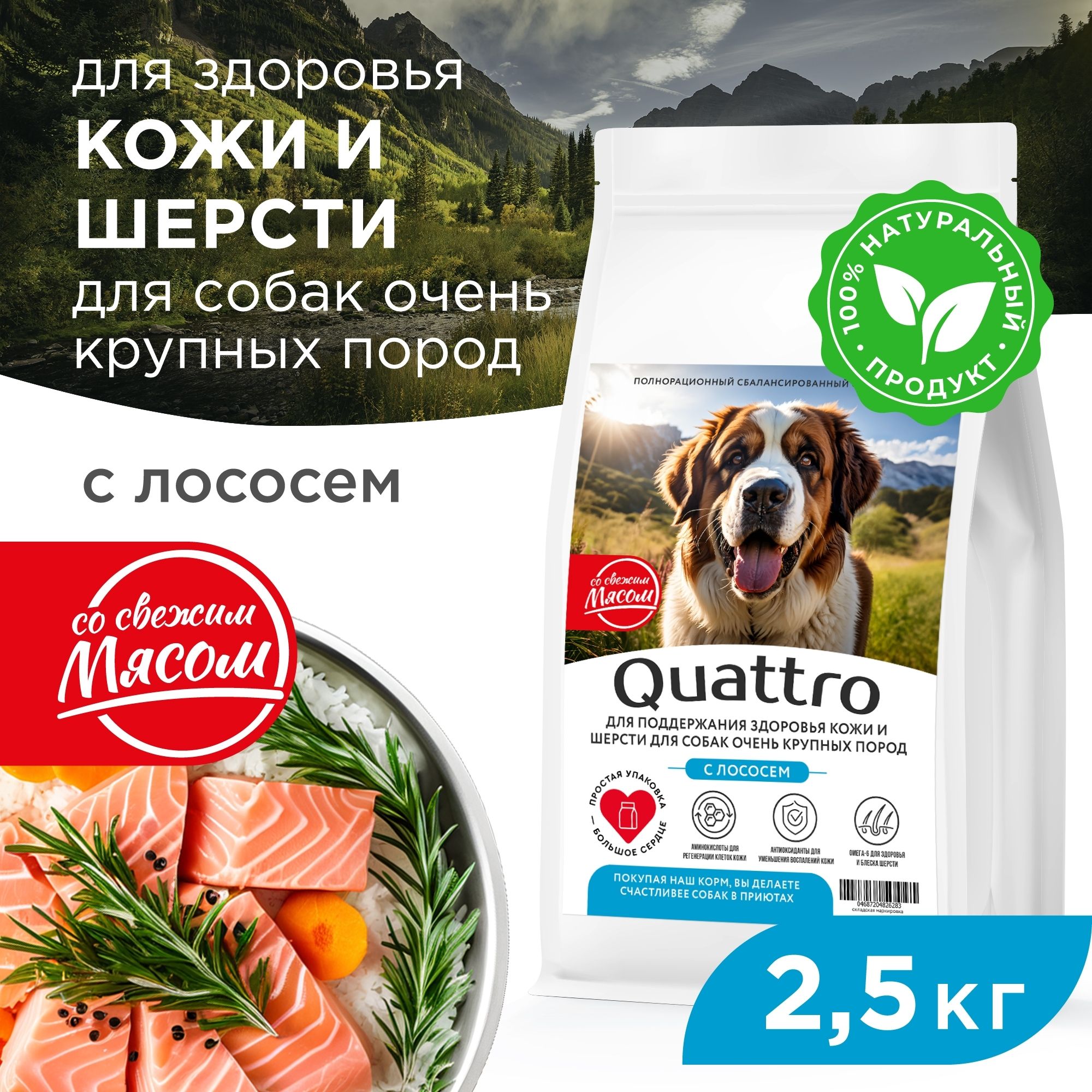 

Сухой корм для собак QUATTRO, Большие породы премиум, для кожи и шерсти, лосось, 2,5 кг
