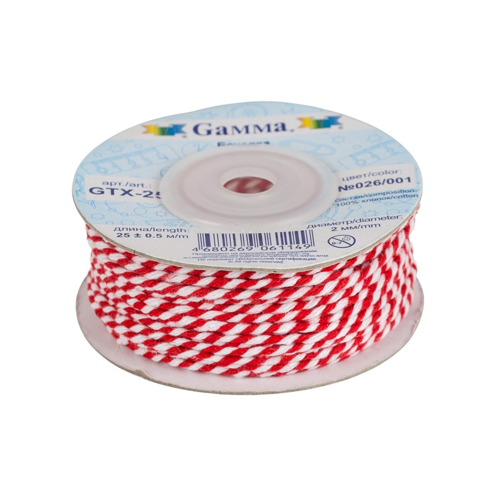 

Gamma 2 мм, бечевка, 25+-0,5 м, №026-001, красно-белый, Белый;красный, 2 мм, бечевка, 25+-0,5 м, №026-001, красно-белый