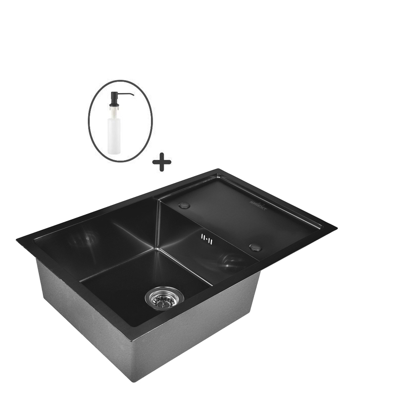 

Кухонная мойка из нержавеющей стали WISENT WS37850B-X с PVD (78х50 см) с дозатором, Графит, WS37850B-X/W405B/WGER010