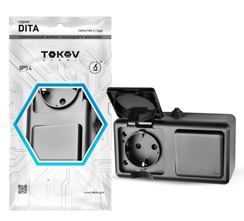 фото Блок оп dita (розетка 16а 250в с заземл. + 1-кл. выкл. 10а) ip54 карбон tokov electric tkl