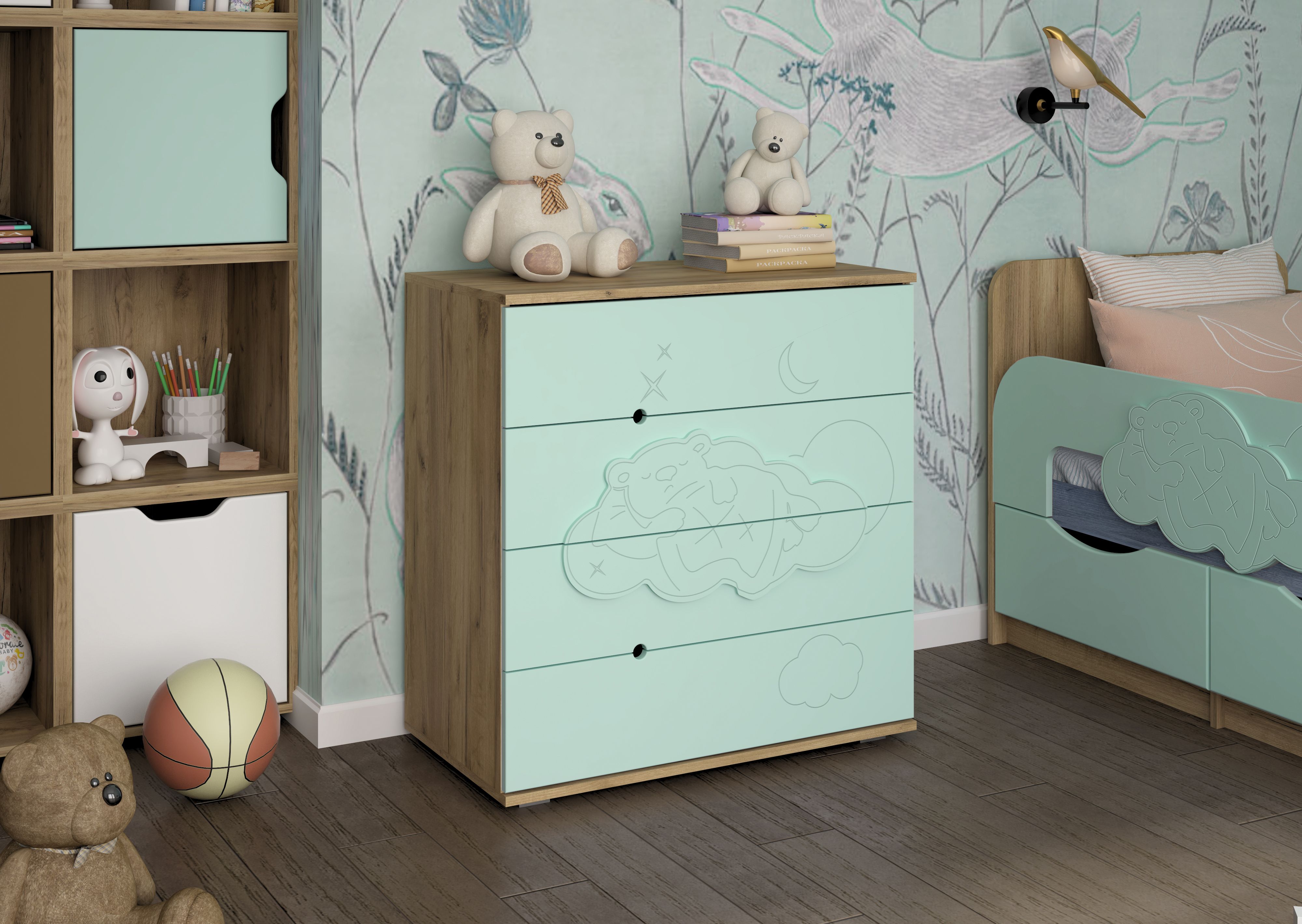 

Комод "Мишка на облаке" Дуб Крафт золотой / Фисташка софт, Мишка на облаке