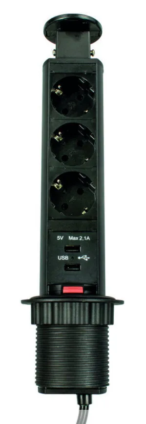 

Удлинитель выдвижной 3 гнезда 2хUSB 1,8м черный
