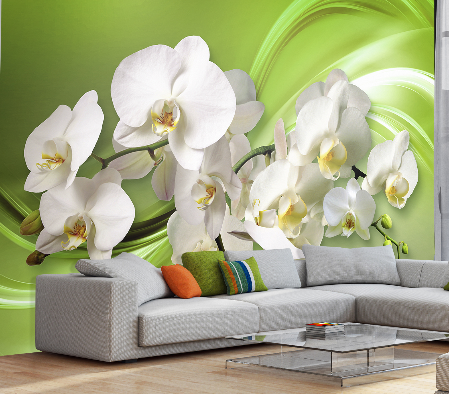Фотообои Photostena 3D орхидеи на зеленом фоне 4,08 x 2,7 м