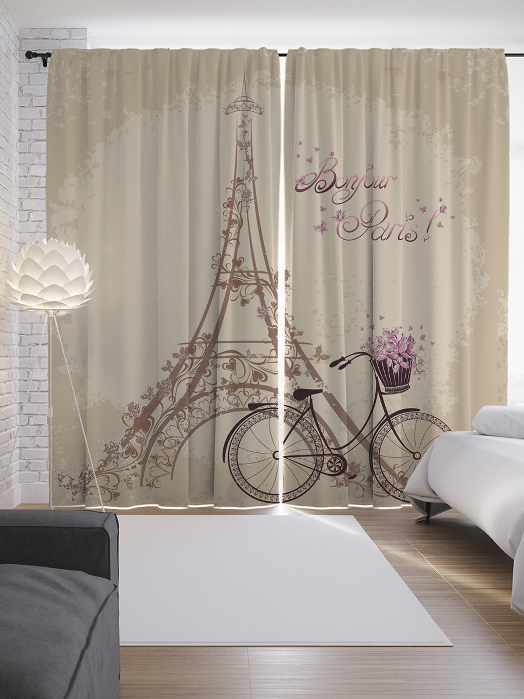 фото Шторы с фотопечатью "на велосипеде по парижу" из сатена, 290х265 см joyarty
