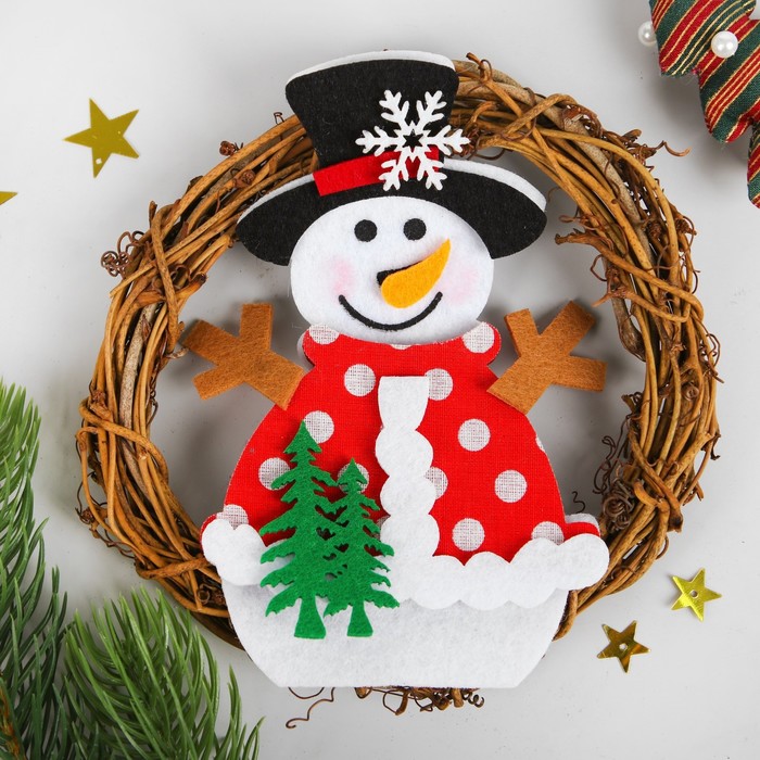 Новогоднее украшение КНР Венок - снеговик с елочками