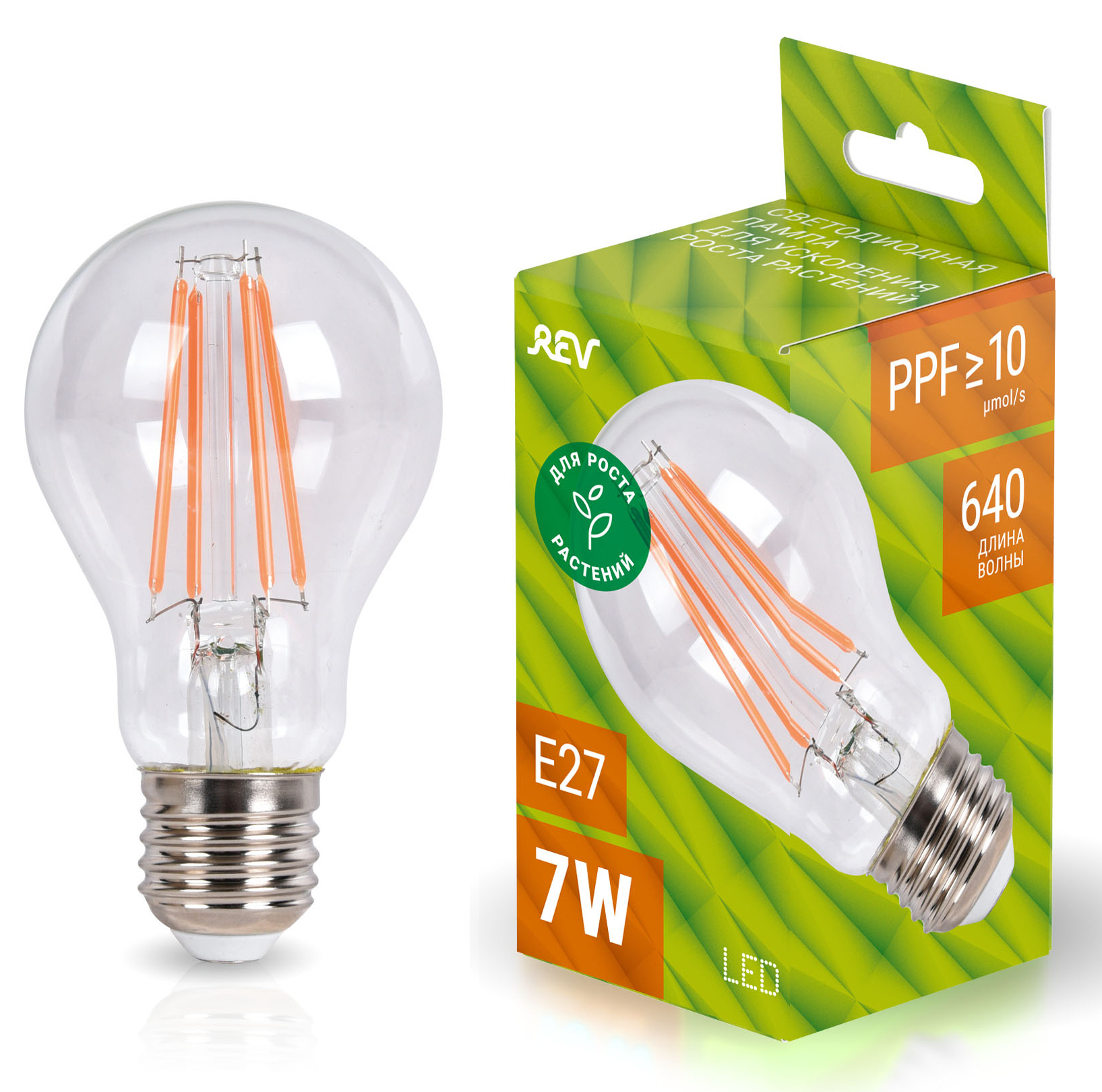 

Лампа для растений А60 E27 7W FILAMENT, 575-650Нм, PPF>10, REV