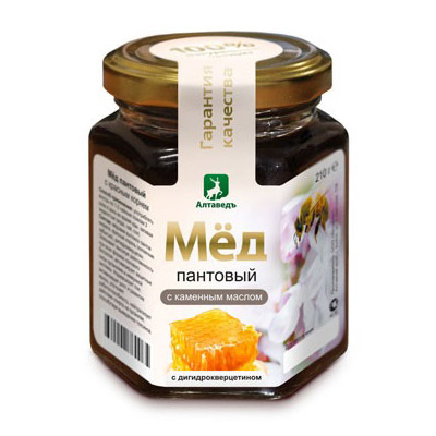 Пантовый мёд с каменным маслом и дигидрокверцетином Алтаведъ 210 г