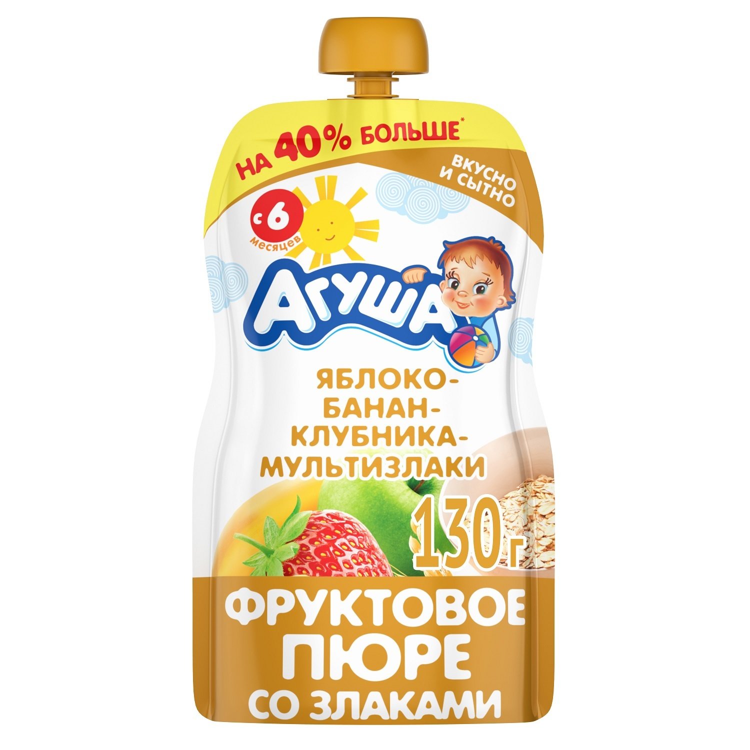 

Пюре фруктовое Агуша Яблоко-банан-клубника-злаки с 6 мес. 130 г, 1 шт., Яблоко банан клубника мульти пауч