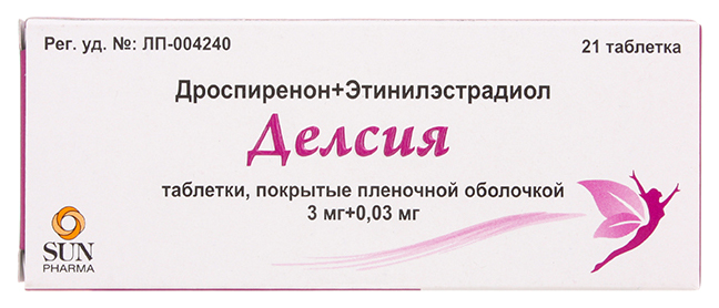 Купить Делсия таблетки, покрытые пленочной оболочкой 0, 003 мг + 0, 03 мг 21 шт., Sun Pharmaceutical