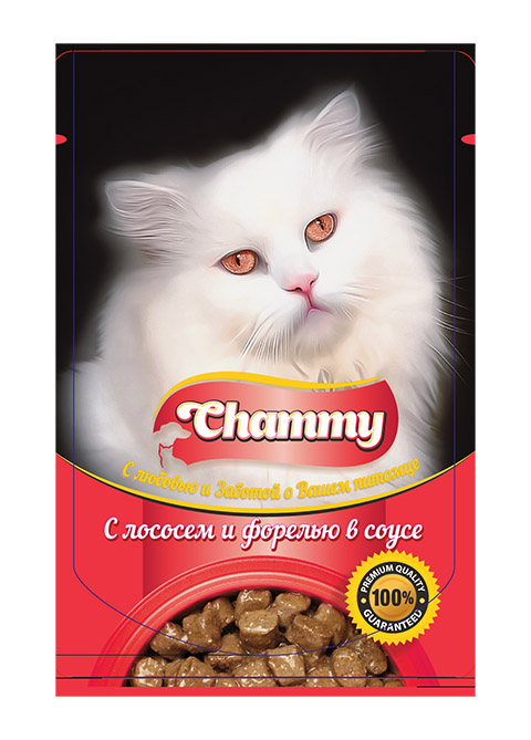 фото Влажный корм для кошек chammy, с лососем и форелью в соусе, 24шт по 85г