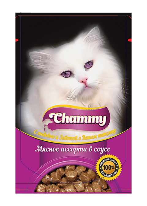 фото Влажный корм для кошек chammy, с мясным ассорти в соусе, 24шт по 85г