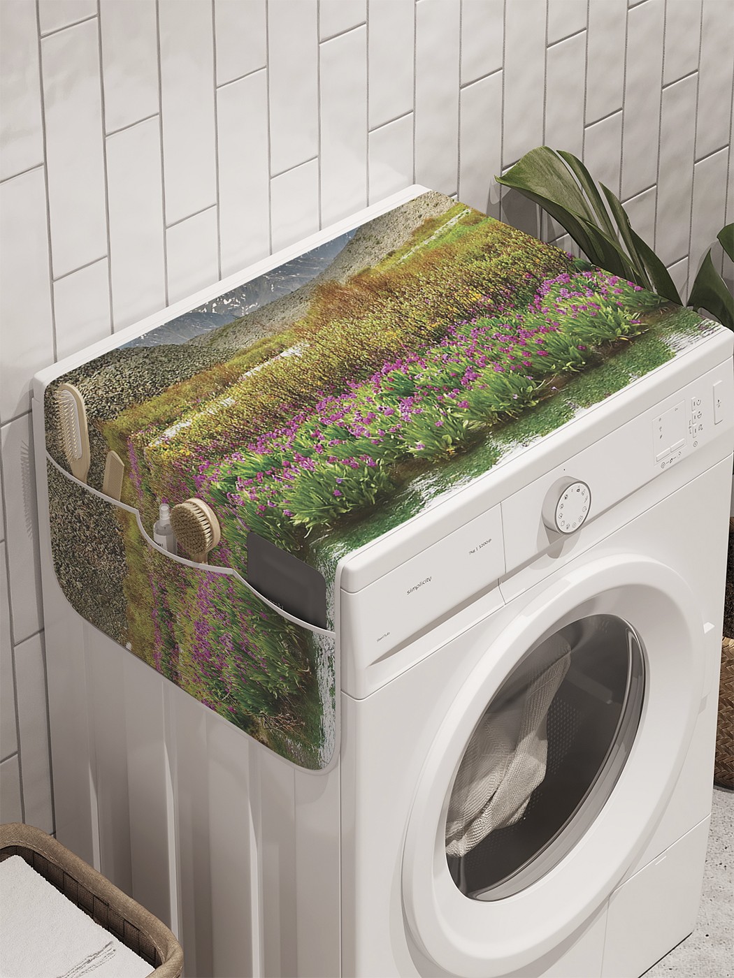 фото Органайзер "горный пейзаж с цветами" на стиральную машину, 45x120 см ambesonne