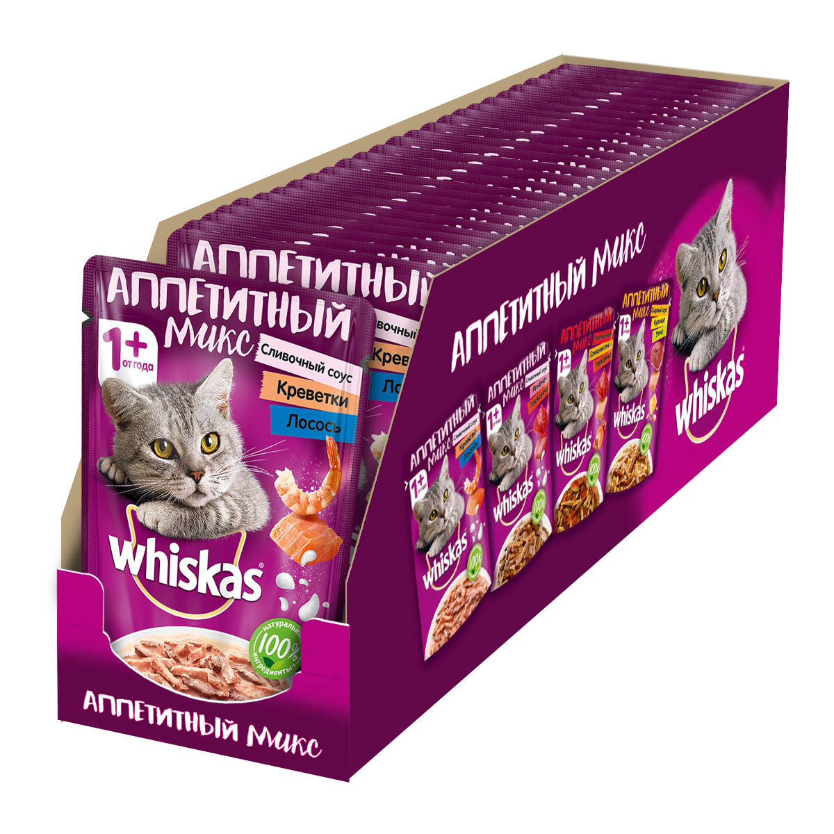 фото Влажный корм для кошек whiskas аппетитный микс, лосось и креветки 24 шт по 85 г