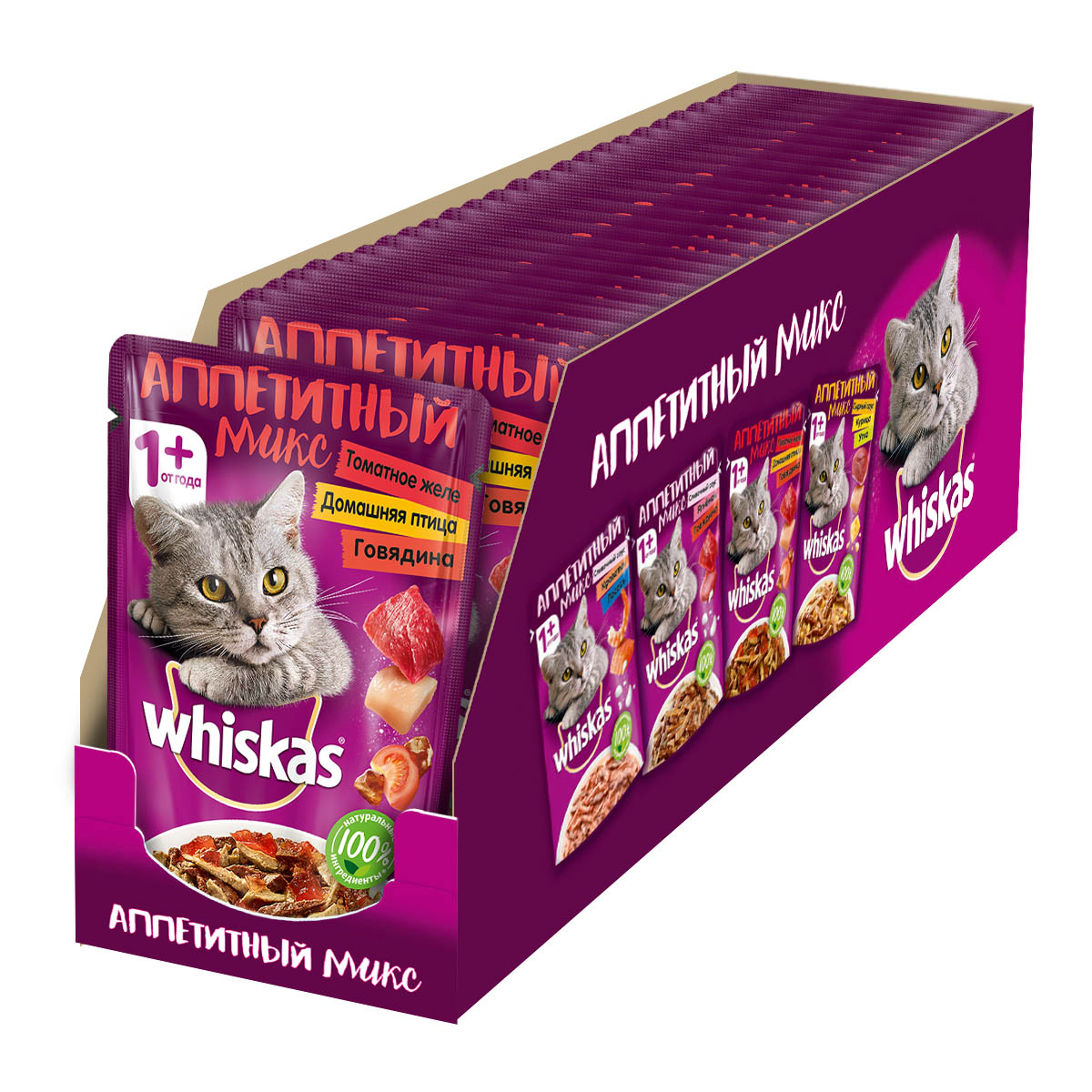 фото Влажный корм для кошек whiskas аппетитный микс, домашняя птица и говядина 24шт по 85г