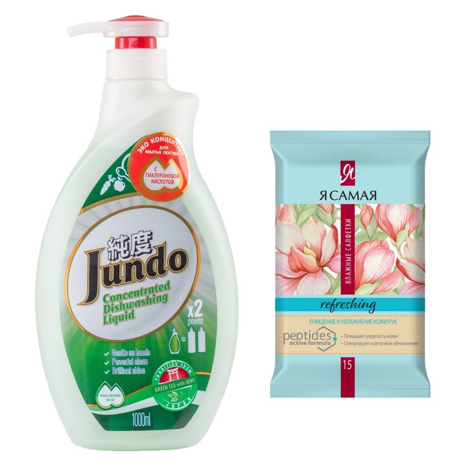 фото Гель д/посуды jundo green tea with mint 1 л + я самая влажные салфетки spa collection 15шт