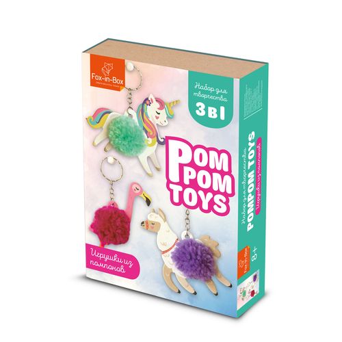 фото Набор для творчества fox-in-box игрушки-брелки из помпонов. фламинго, лама и единорог