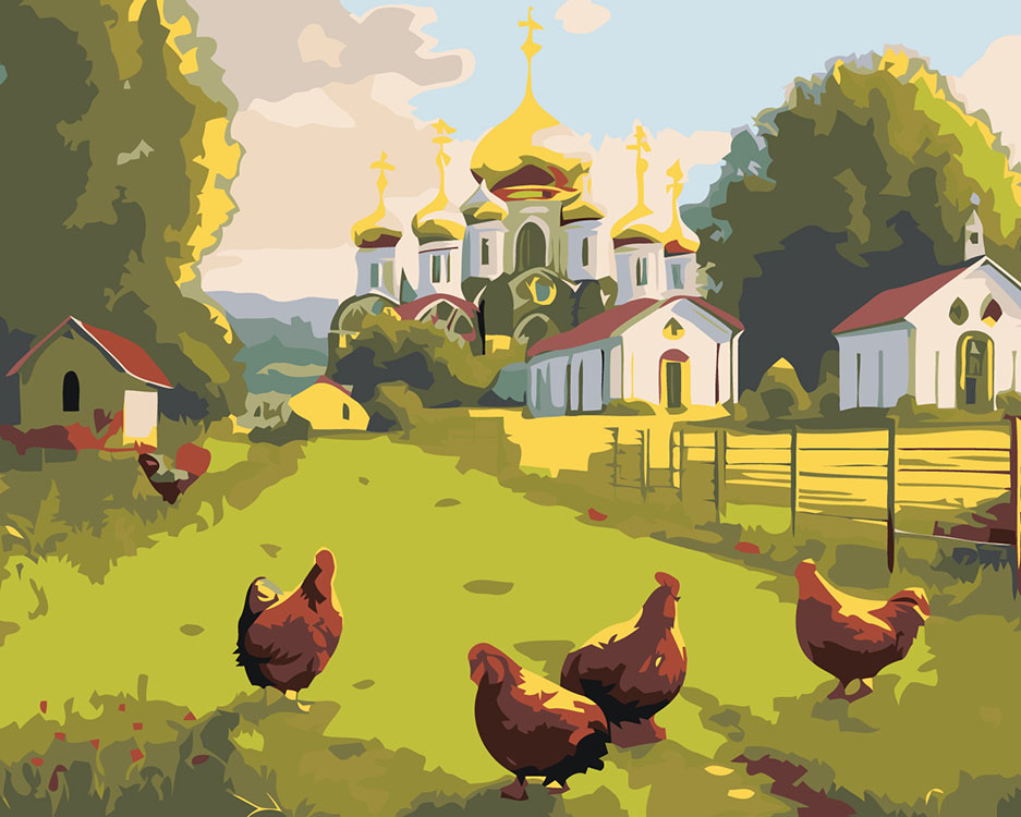 

Картина по номерам Цветное Природа Деревенский пейзаж с церковью