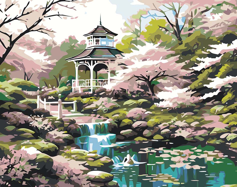 Картина по номерам Цветное Природа Пейзаж с беседкой в цветущем весеннем саду