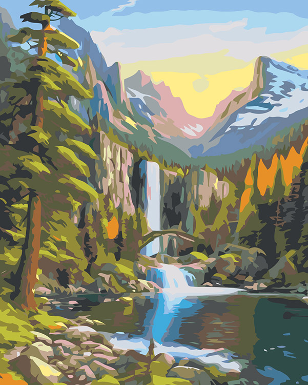 Картина по номерам Цветное Природа Пейзаж с горным водопадом в лесу 2