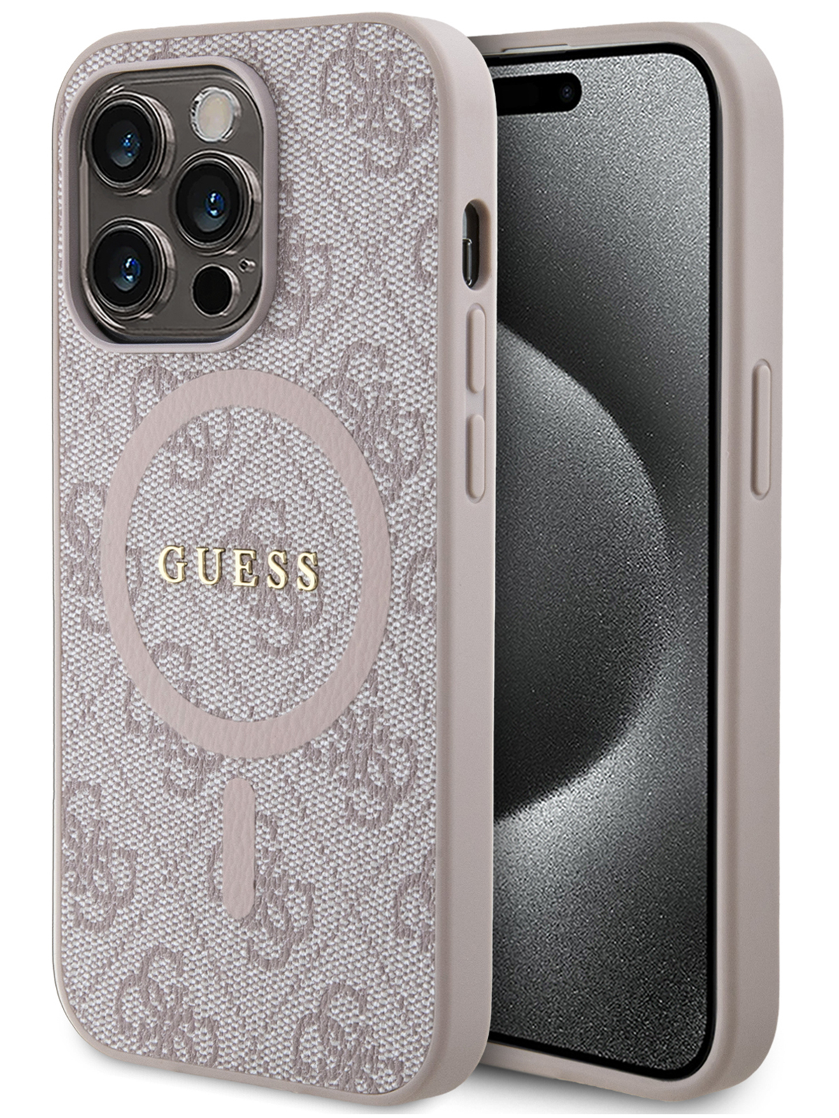 Чехол Guess для iPhone 14 Pro Max из экокожи с MagSafe Metal logo Hard Pink