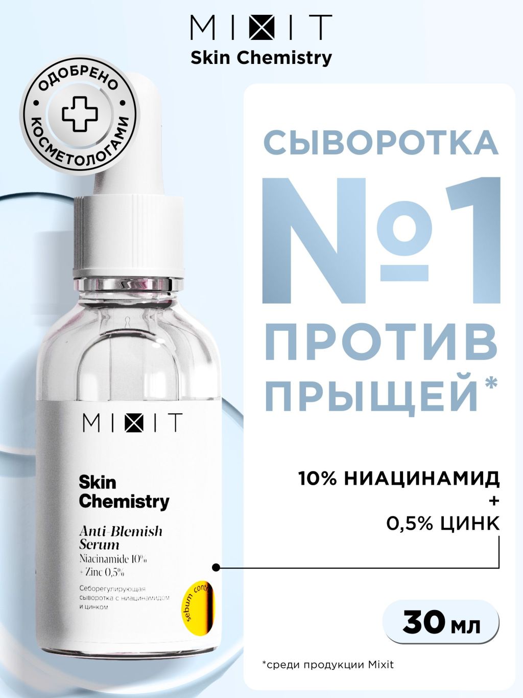 Сыворотка MIXIT Skin Chemistry Niacinamide 10% + Zinc 0,5% Serum, 30 мл