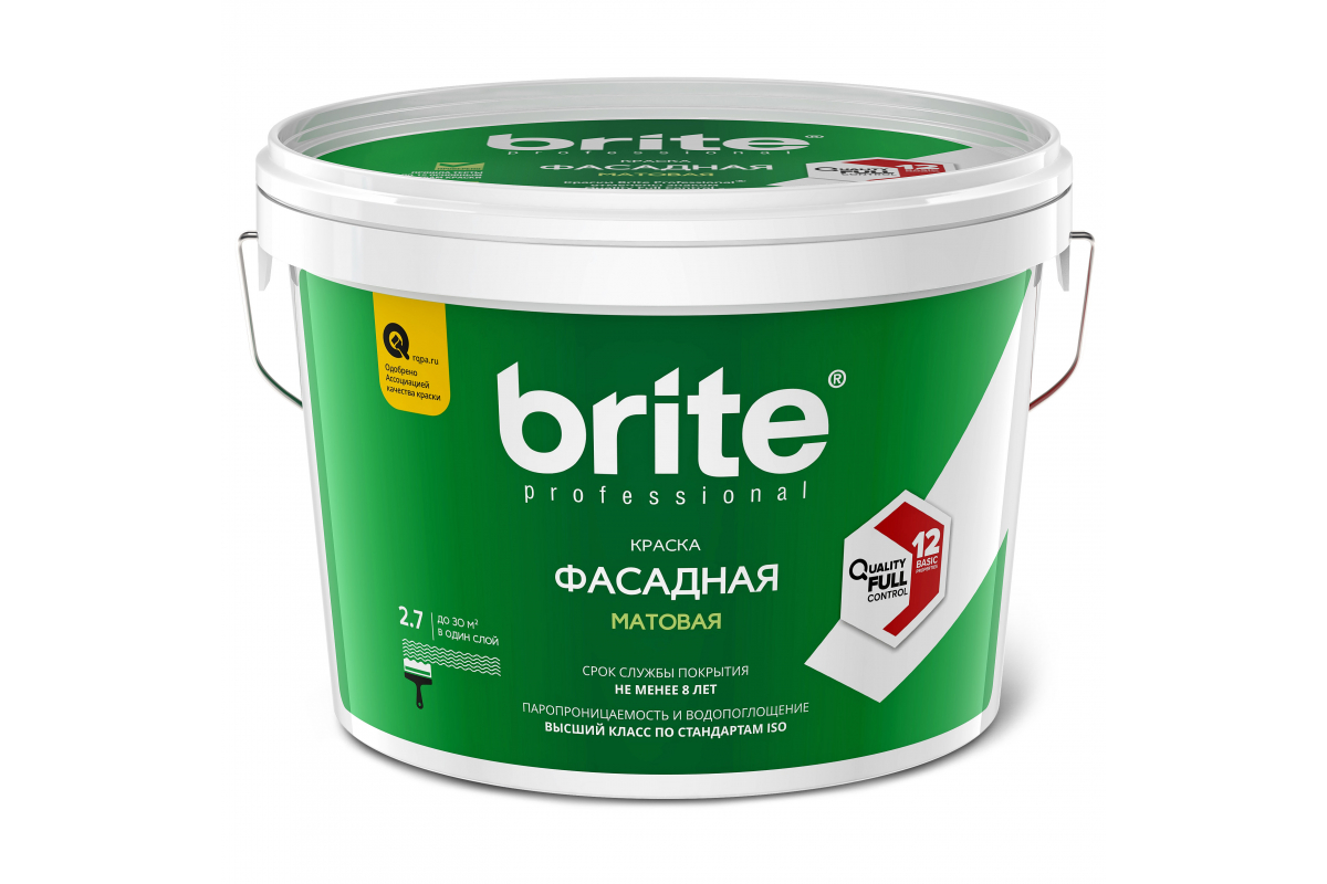 Краска BRITE PROFESSIONAL фасадная белая матовая база А, ведро 2,7 л фасадная атмосферостойкая краска brite