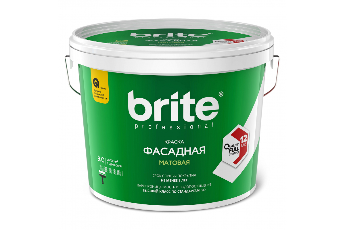 Краска BRITE PROFESSIONAL фасадная белая матовая база А, ведро 9 л фасадная силиконизированная краска brite