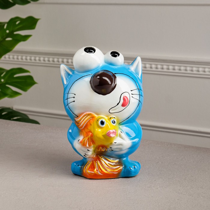 

Копилка "Кот с рыбкой", голубая, нос микс, керамика, 25 см