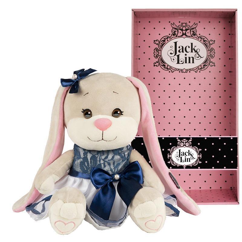 фото Мягкая игрушка maxitoys jack&lin зайка в сине-белом платье с бантом, 25 см