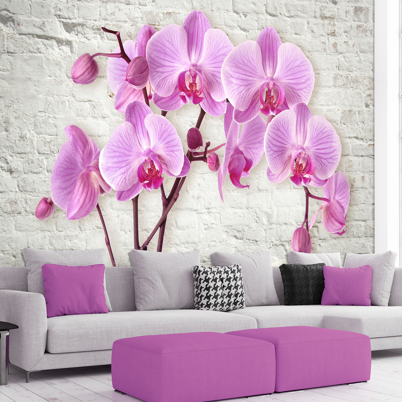 Фотообои Photostena 3D орхидеи на фоне кирпичной стены 4,08 x 2,8 м фотообои photostena 3d арка с ветками орхидеи 1 62 x 2 5 м