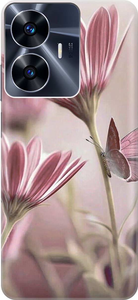 

Силиконовый чехол на Realme C55 с принтом "Бабочка на розовом цветке", Бежевый;розовый, 159497
