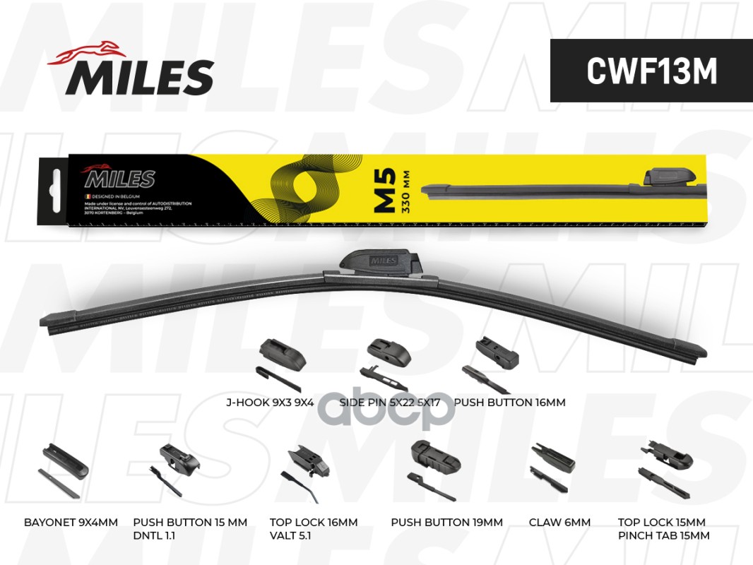 

MILES Щётка стеклоочистителя 330 мм (13) бескаркасная (9 адаптеров) MILES cwf13m