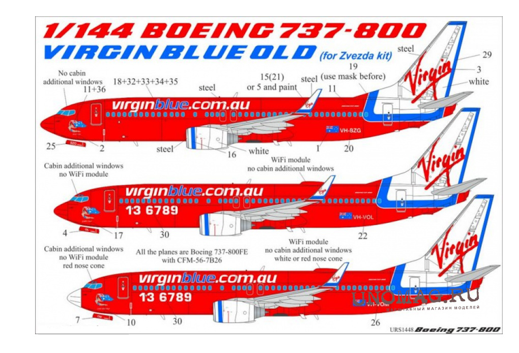 URS1448 Декали для Boeing 737-800 Virgin Blue Old