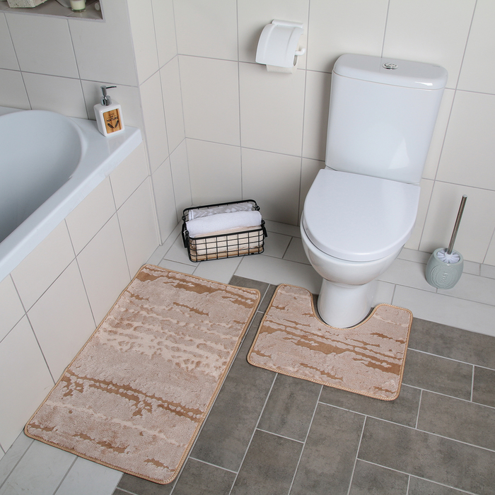 фото Набор ковриков для ванны и туалета доляна «блик», 2 шт: 40×50, 50×80 см, цвет бежевый