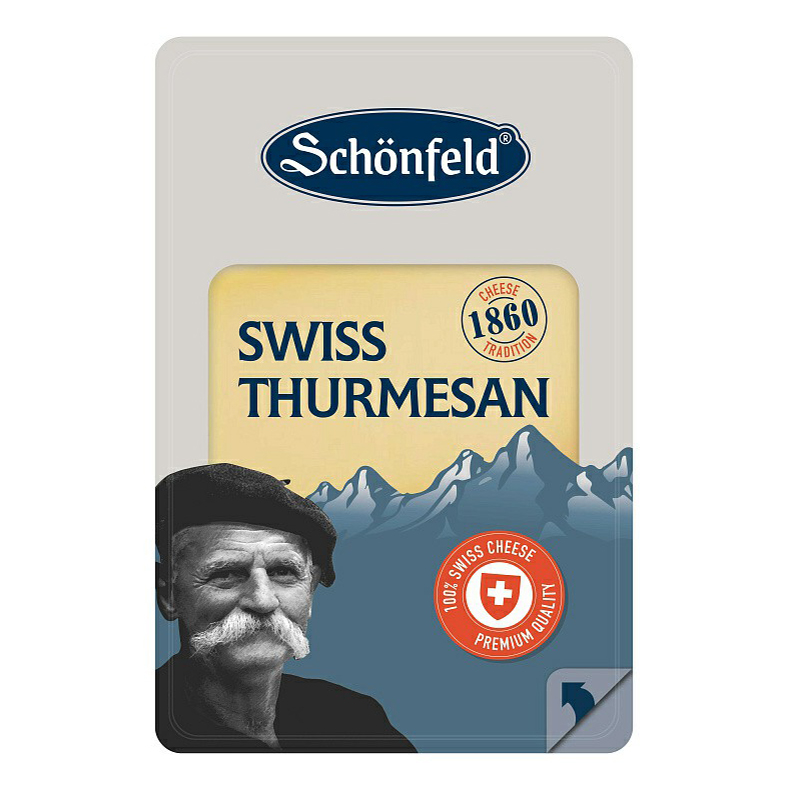 

Сыр полутвердый Schonfeld Swiss Thurmesan нарезка 52% 125 г
