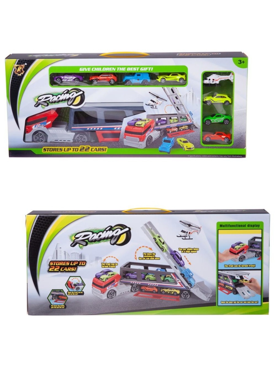 

Машинка AB Toys Автовоз-трейлер, с 8 машинками, со скоростным съездом с верхнего яруса