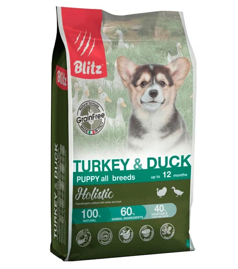 Сухой корм для щенков BLITZ Holistic Grainfree Puppy, индейка и утка, 12кг