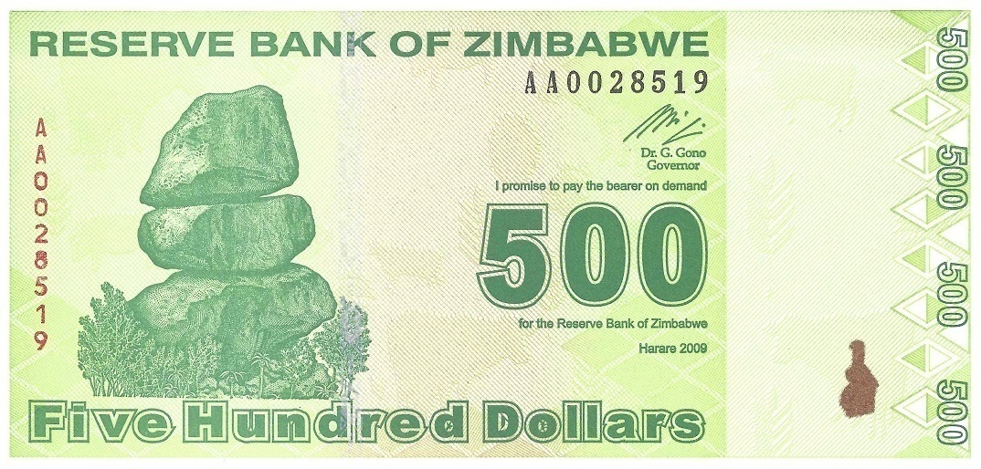 

Подлинная банкнота 500 долларов, Зимбабве, 2009 г. в. Купюра в состоянии аUNC (без обр)