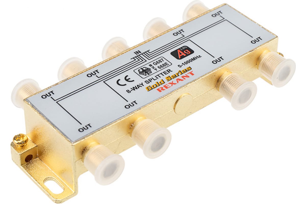 

Делитель на 8 ТВ + 9 шт. F “box” Rexant (золото) {05-6105-1}