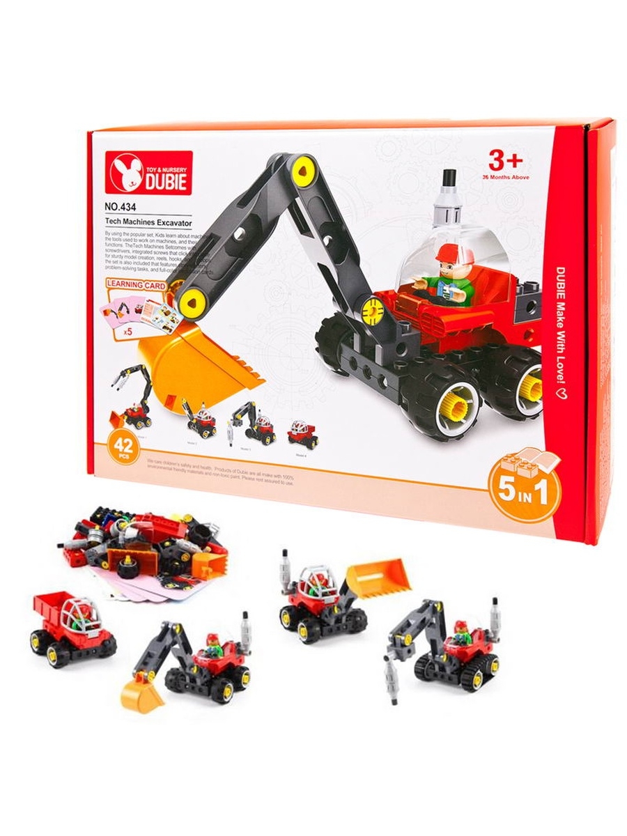 

Машинка Junfa toys Собери сам Строительная техника 5 в 1, в наборе 42 детали + 5 карт.