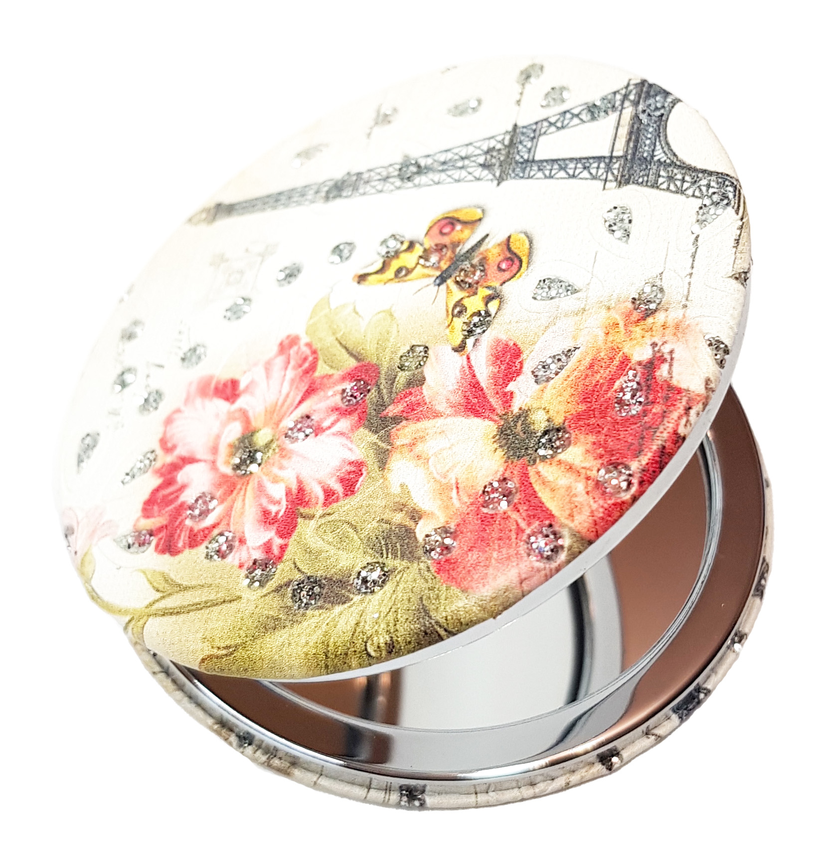 Зеркало карманное круглое Эйфелева башня и цветы со стразами зеркало карманное квадратное смайлики dewal beauty mr22