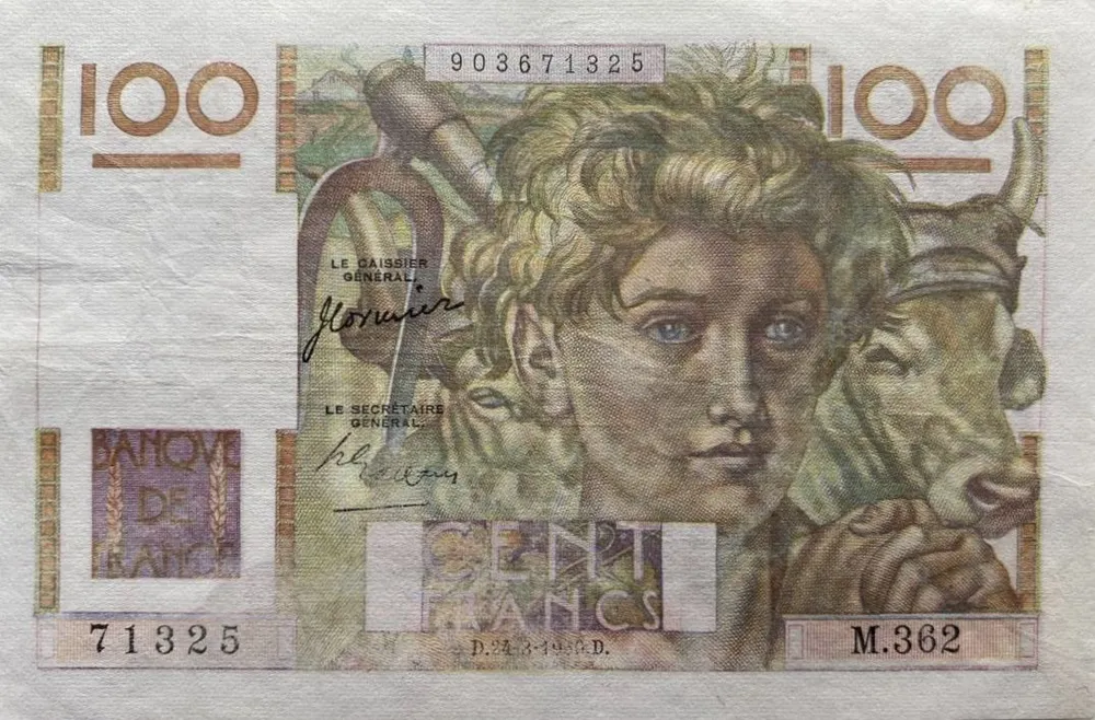 

Подлинная банкнота 100 франков Молодой крестьянин. Франция, 1960 г. в. VF-XF