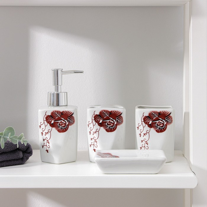 

Набор для ванной комнаты Роза, 4 предмета дозатор 300 мл, мыльница, 2 стака