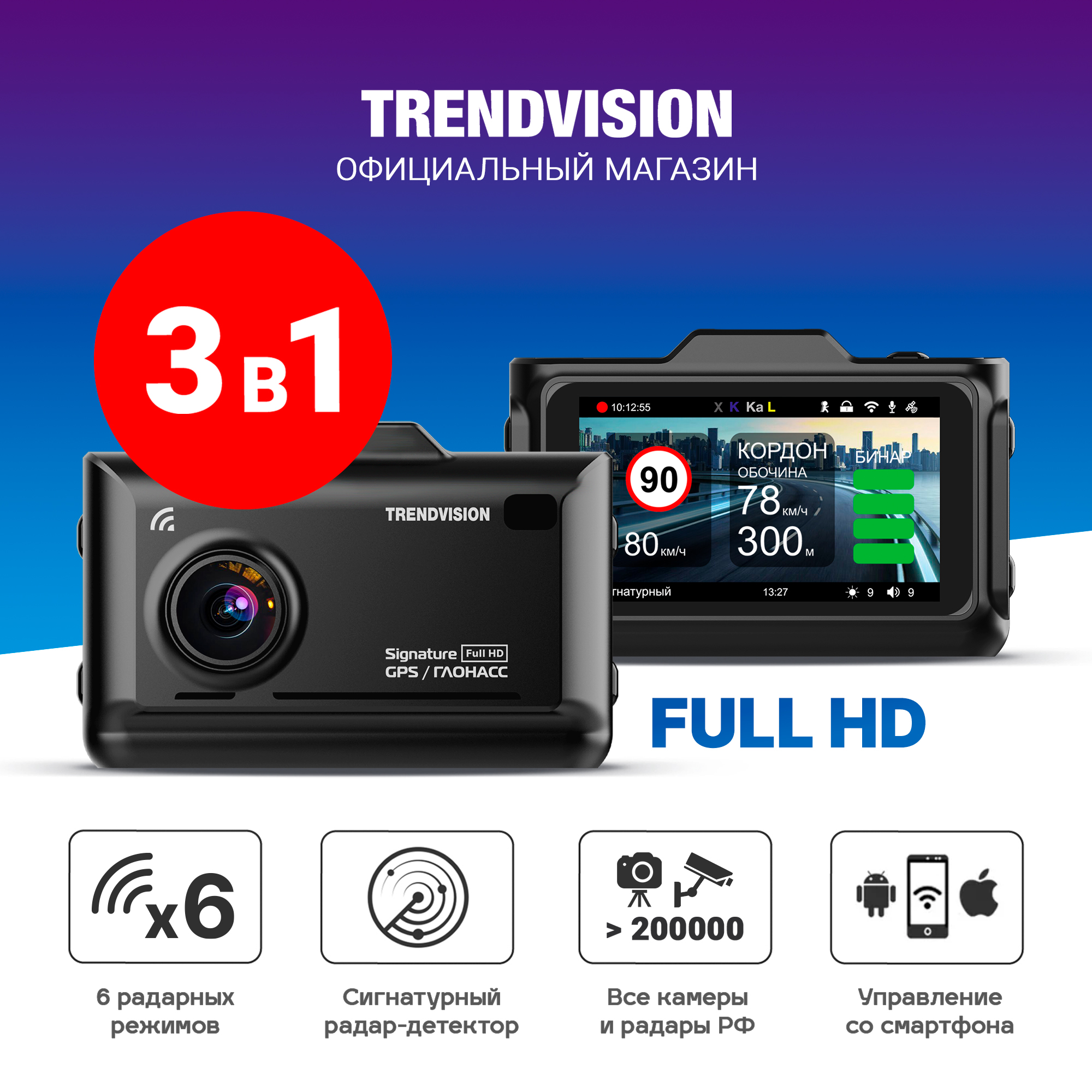 3в1 Видеорегистратор Full HD с радар-детектором и GPS - TrendVision Combo F10 TVCF10 13990₽