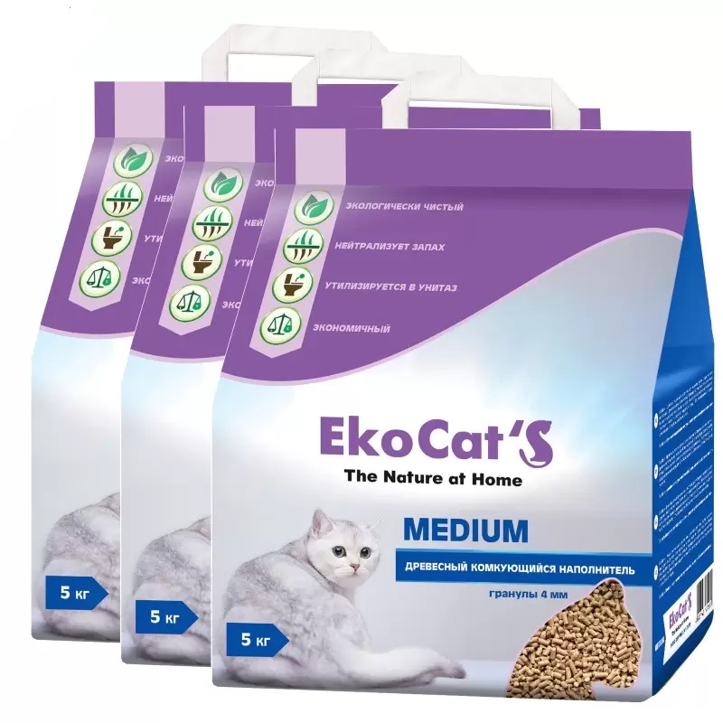 Комкующийся наполнитель Eko Cat's Medium древесный, 3шт по 10л